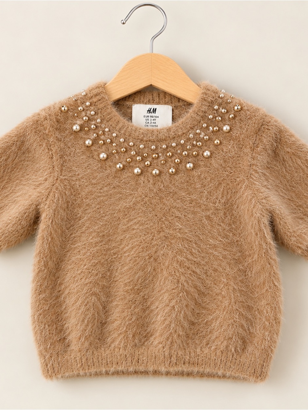 H&M Fuzzy Pearl-Embellished Crewneck Sweater in Light Brown